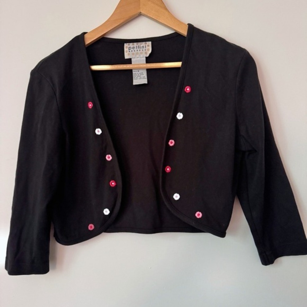 Vintage Y2K Black Cropped Cardigan Womens M Embroidered Floral‎ Whimsy Kidcore